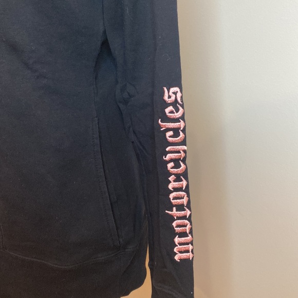 Womens Harley Davidson black full zip sweatshirt pink satin trim jeweled biker - Picture 4 of 10